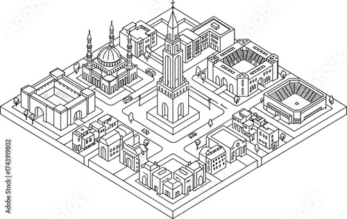 Isometric city architecture line drawing, urban skyline illustration, mosque and buildings, downtown street map, vector cityscape design, architectural planning, modern urban structure art