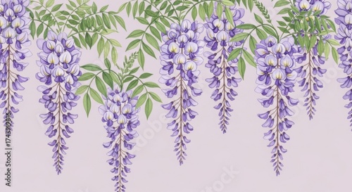 Wallpaper Mural Cascading purple wisteria flowers with green leaves against a light background Torontodigital.ca