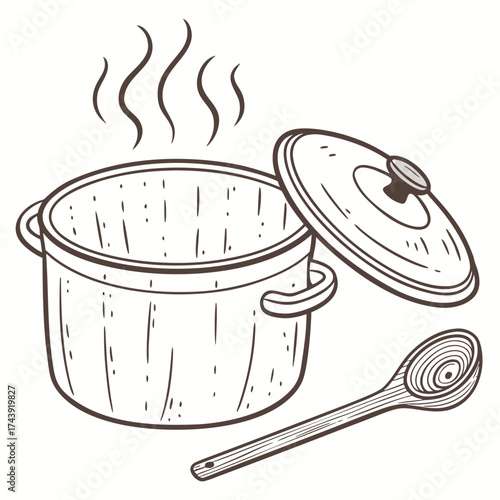 Hand drawn illustration of a steaming cooking pot with a lid ajar and a wooden spoon on a white background