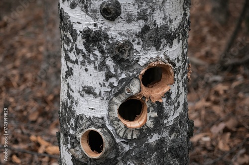 Tree trunk featuring several cavities, likely created by a woodpecker.