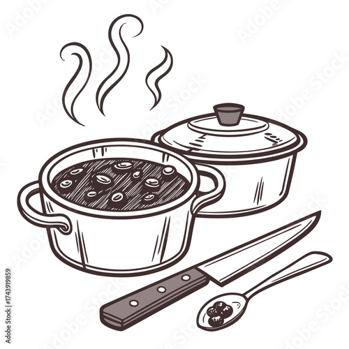 Hand drawn illustration of steaming pots of food with a knife and spoon ready for serving a delicious meal