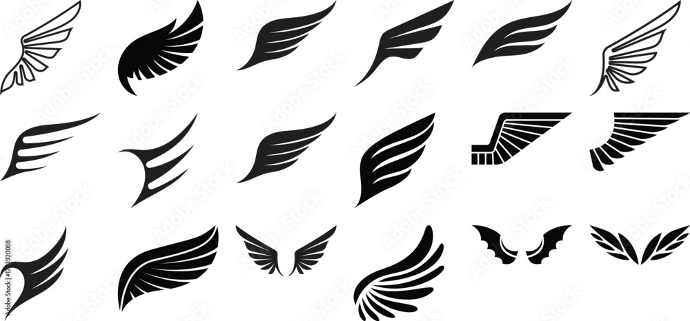 Obraz premium Collection of Diverse Wing Silhouettes and Icons for Design