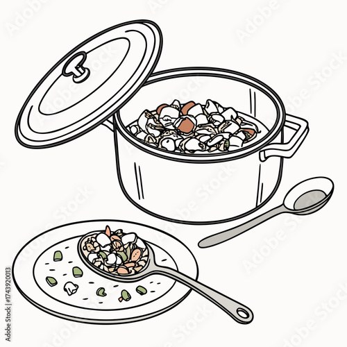 Illustration of a pot of stew with a spoon and a plate of food ready to be served