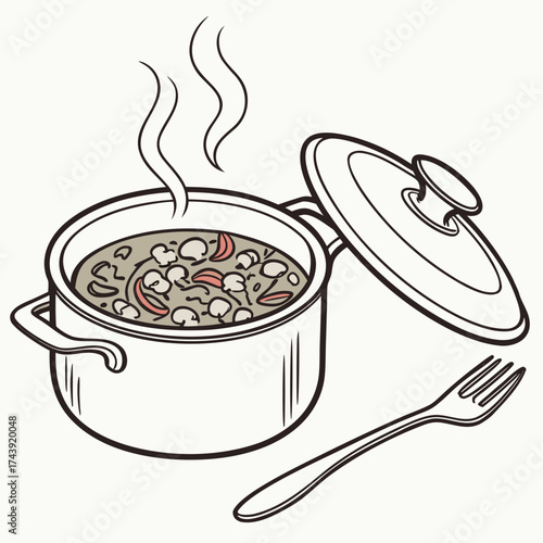 Illustration of a steaming pot of mushroom and sausage stew with a fork nearby ready for serving