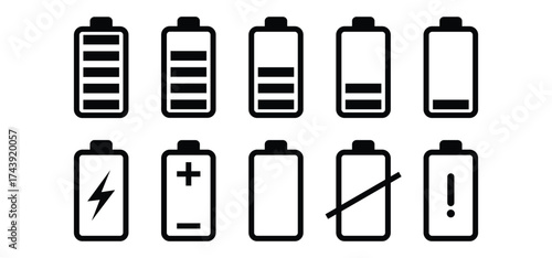 Battery icon set logo. Battery level sign. Full battery indicator or low battery sign. Power level symbol. Energy-packed illustration. Simple vector design.