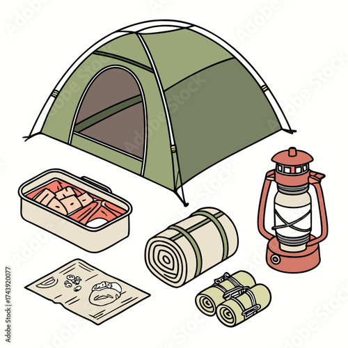 Illustration of camping gear including a tent sleeping bag lantern food container and rolled blankets on a white background