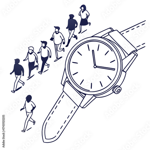 People running towards a large wristwatch symbolizing the race against time and the importance of time management