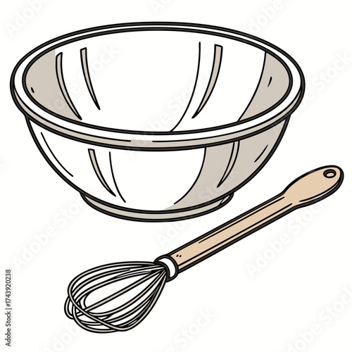 Simple cartoon illustration of a mixing bowl and a whisk with a wooden handle on a white background