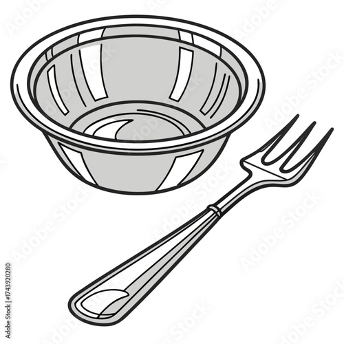 Simple illustration of a gray bowl and a silver fork on a white background for food and dining concepts
