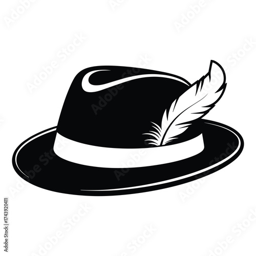 Black fedora hat with white band and feather detail on white background black hat