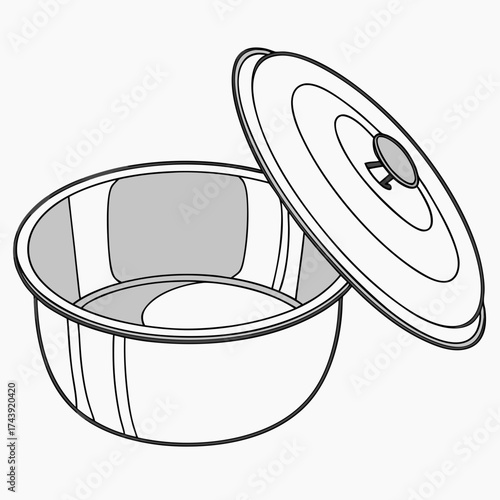 Simple line art illustration of a white cooking pot with its lid slightly ajar isolated on a white background