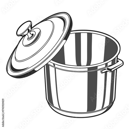 Simple line art illustration of a shiny metal cooking pot with a partially open lid isolated on white