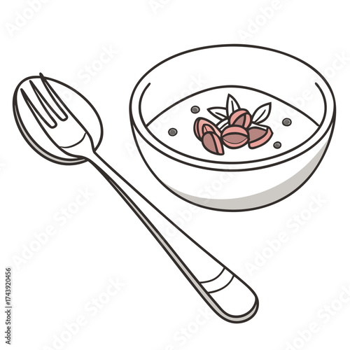 Simple line drawing of a white bowl filled with porridge and topped with nuts and leaves next to a fork and spoon