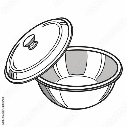 Simple line drawing of a round metal pot with a slightly open lid showing interior