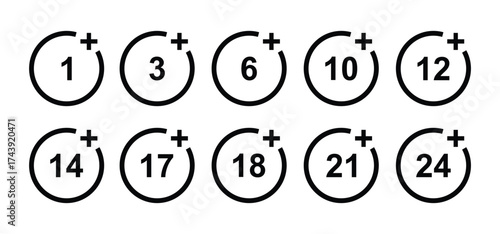 vector logo sets age limit sign, underage restriction, prohibition icon, age icon 1, 3, 6, 12, 14, 17, 18, 21, 24 years and above.