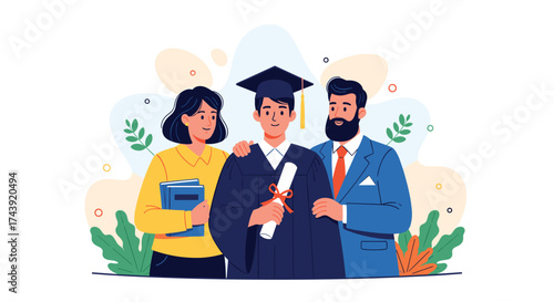 Proud parents celebrating son's graduation achievement and bright future, capturing the joy of academic success and family pride for educational campaigns