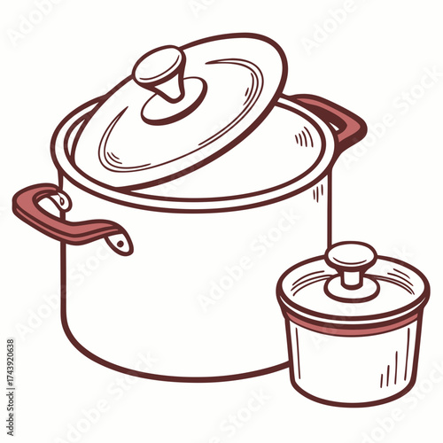 Two simple line art cooking pots with lids and handles one larger than the other isolated on white background