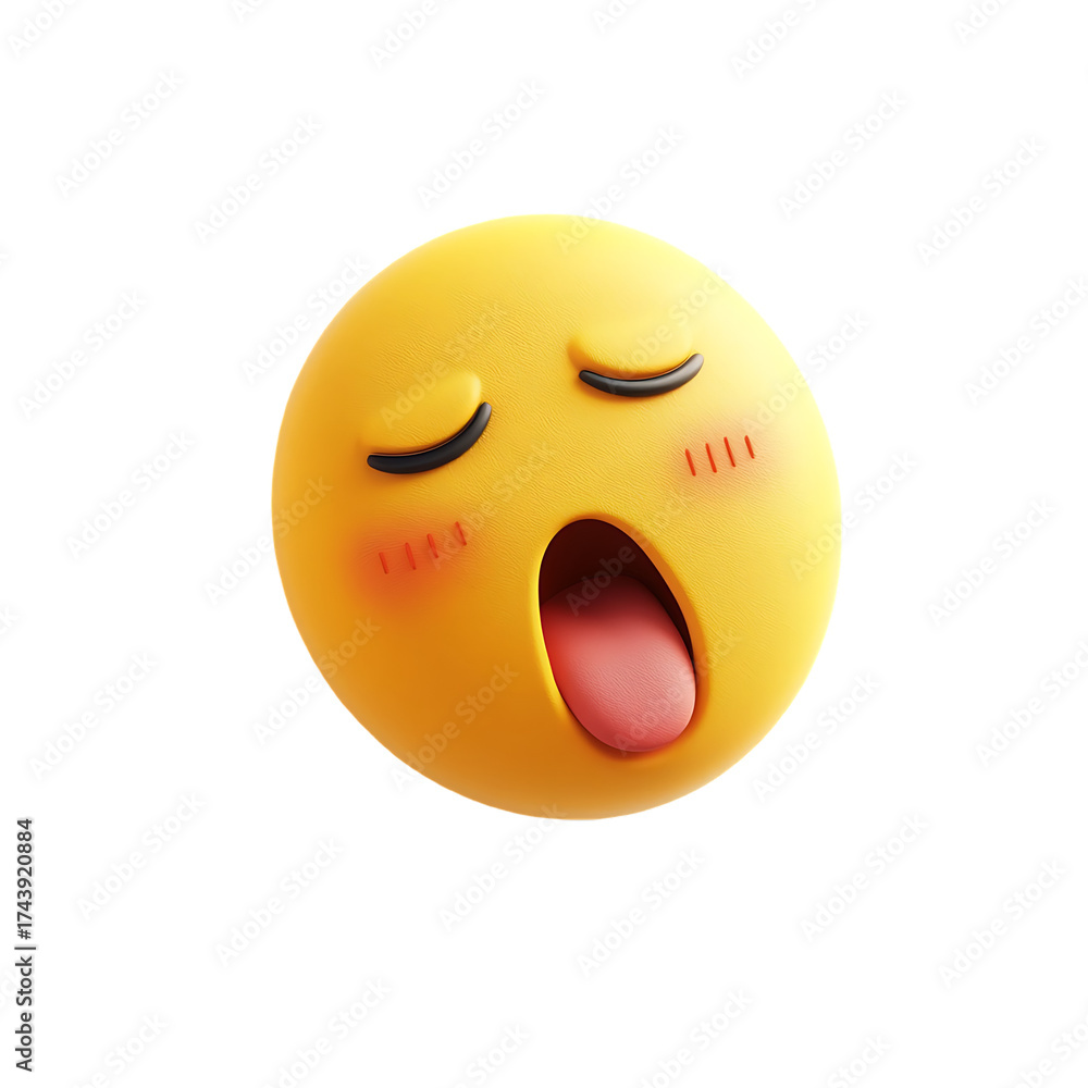 Fototapeta premium A yellow emoji face yawning with closed eyes and blushing cheeks, isolated on transparent background