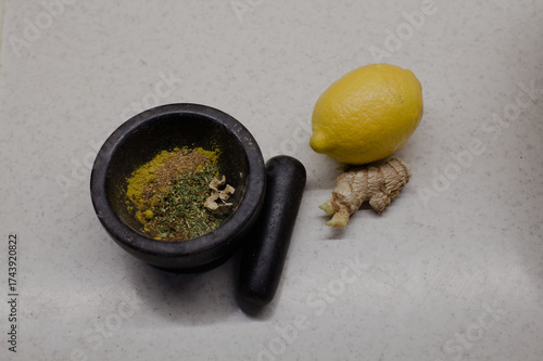 Spices on a white table prepared for cooking