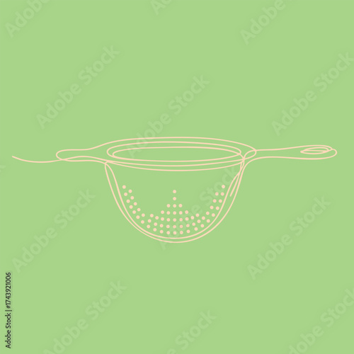 Minimalist line drawing of a kitchen strainer with a handle on a pastel green , emphasizing simplicity and elegance