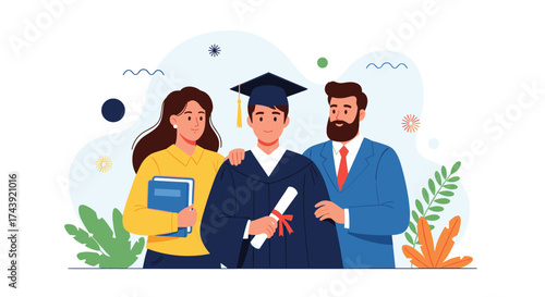 Proud parents celebrate child's graduation achievement with diploma and cap, symbolizing academic success and bright future ahead