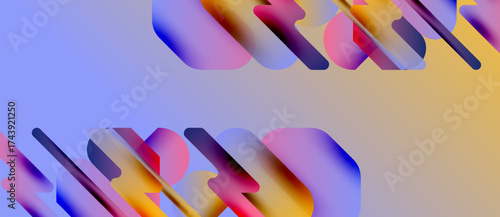 Abstract colorful shapes overlap, creating dynamic visual effect. Gradient hues blend, forming modern design elements. Soft shadows enhance depth.