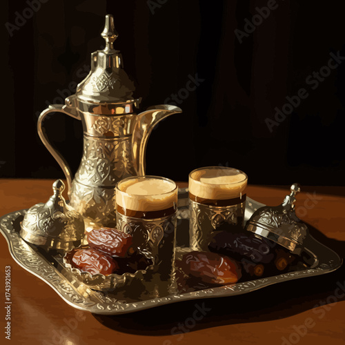 Gleaming Ornate Gold-Toned Arabic Coffee Dallah, Two Cups, Dates, and Lidded Bowls on Decorative Tray