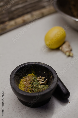 Spices on a white table prepared for cooking