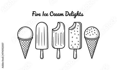 Five black and white line art ice cream treats including cones and popsicles frozen dessert sweet