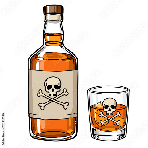 A bottle of whiskey with a skull and crossbones label and glass with a warning for educational materials and alcohol consumption campaigns,isolate,