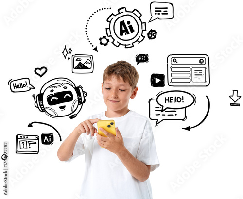 Valokuva Cheerful kid boy in white shirt using phone, surrounded by hand-drawn tech and c