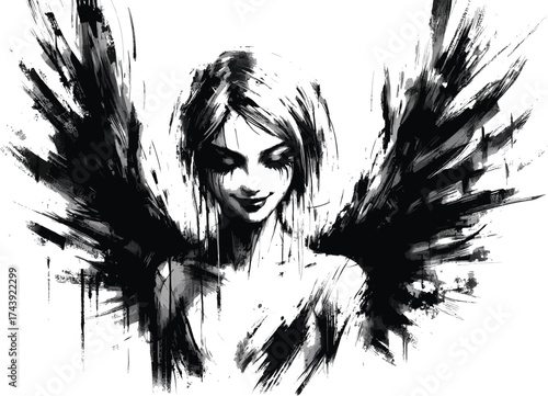  Striking monochrome fantasy artwork featuring an ethereal winged woman. Ink splatters and jagged wings create a moody, surreal portrait suitable for editorial, conceptual1