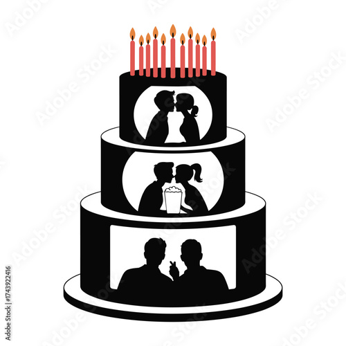 Three tier black cake with silhouette images of couples and candles on white background celebration birthday