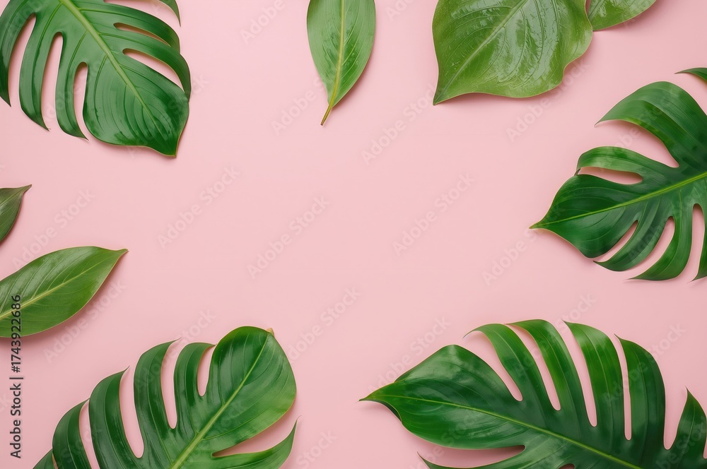 Obraz premium Pastel pink backdrop with tropical foliage. Simple design. Overhead view.