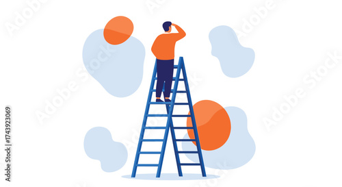 Determined man on ladder gazes towards bright future, symbolizing ambition and reaching new heights in business and life