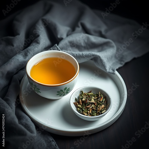 Cozy still life of herbal tea in a ceramic cup with dried leaves on a dark background
