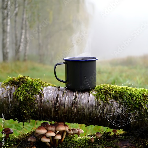 Steaming enamel coffee mug resting on a mossy log in a foggy autumnal forest