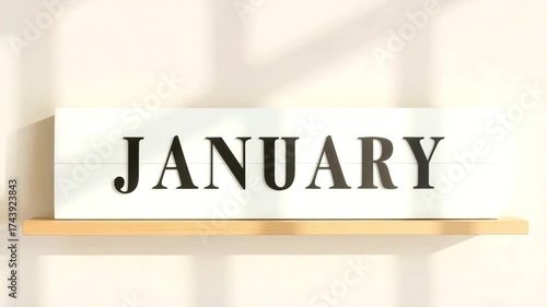 Elegant display of the word JANUARY on a wooden shelf with soft lighting, showcasing the transition of light and shadow in a serene indoor setting