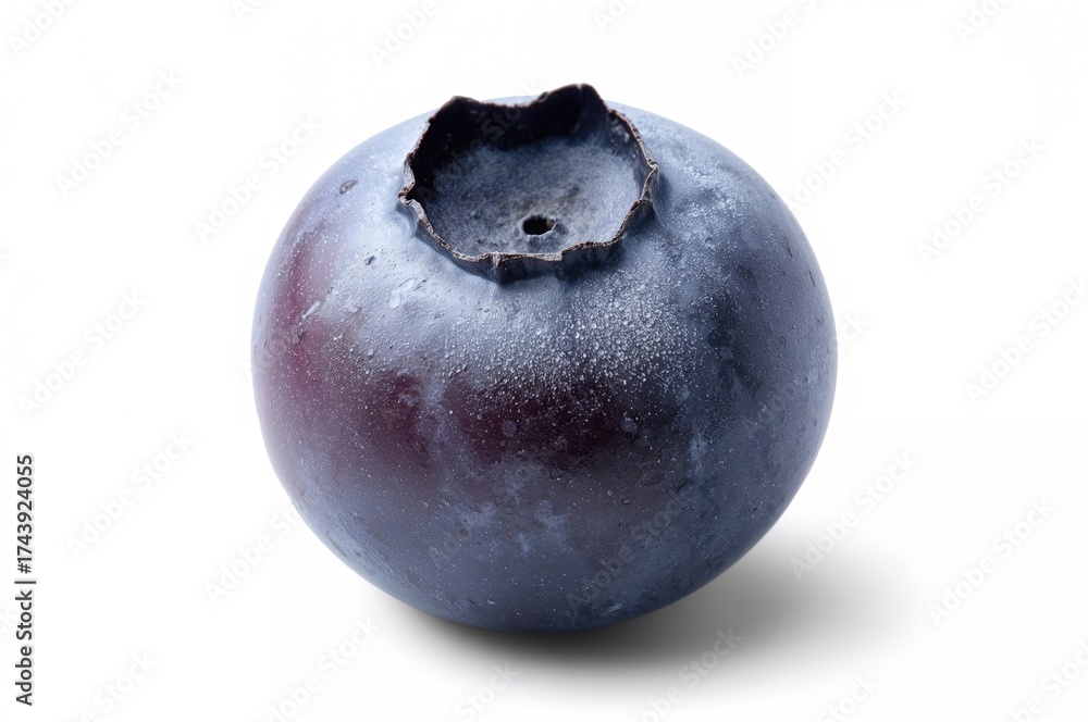 Obraz premium Isolated fresh blueberry on a plain white backdrop. Detailed close-up of the fruit. Design element.