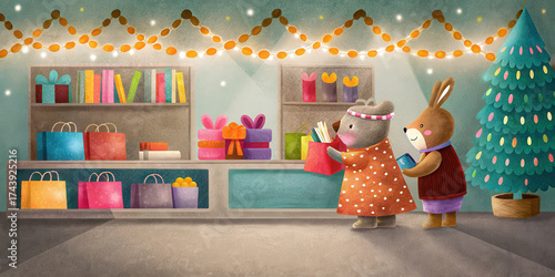 Black Friday holiday shopping scene with cute animal characters buying gifts in decorated store filled with colorful packages and festive lights