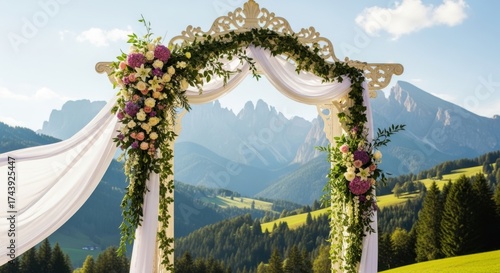 Wallpaper Mural Elegant floral wedding arch set against a breathtaking mountain landscape Torontodigital.ca