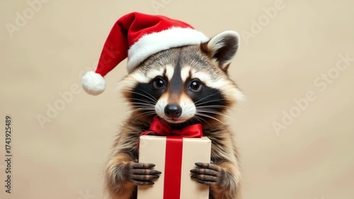 Adorable raccoon wearing festive Santa hat holds a beautifully wrapped gift with a red ribbon, showcasing holiday spirit and joy in a charming Christmas scene
