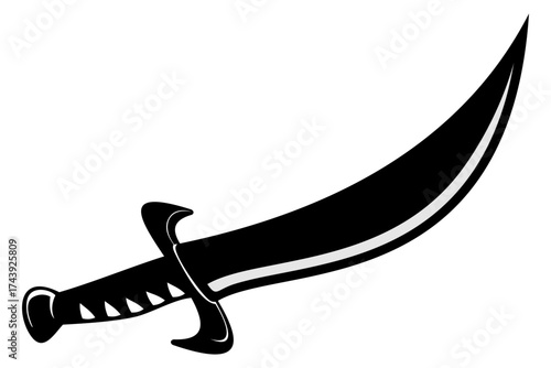 Vector Illustration of Single Black Saber Silhouette, Curved Medieval or Pirate Sword Icon Isolated on White Background, Perfect for Game or Story Elements