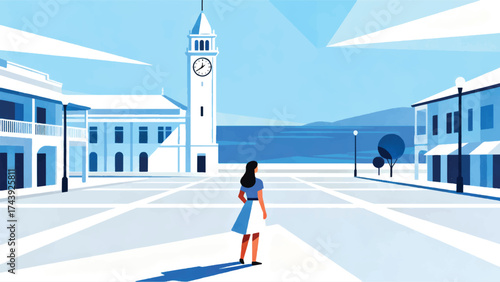 Illustration Of Victoria Clock Tower In The Square With Blue Sea Background In Bright Atmosphere Vector Design Template
