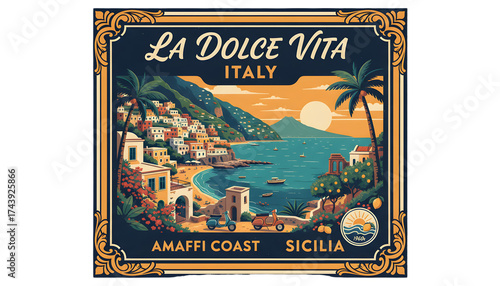 art, design. summer stamp, or vintage posters. amalfi vector sicily print, border la vector travel italy postcard summer emblem, placard or wall illustration dolce poster. element frame vit 76286626 3