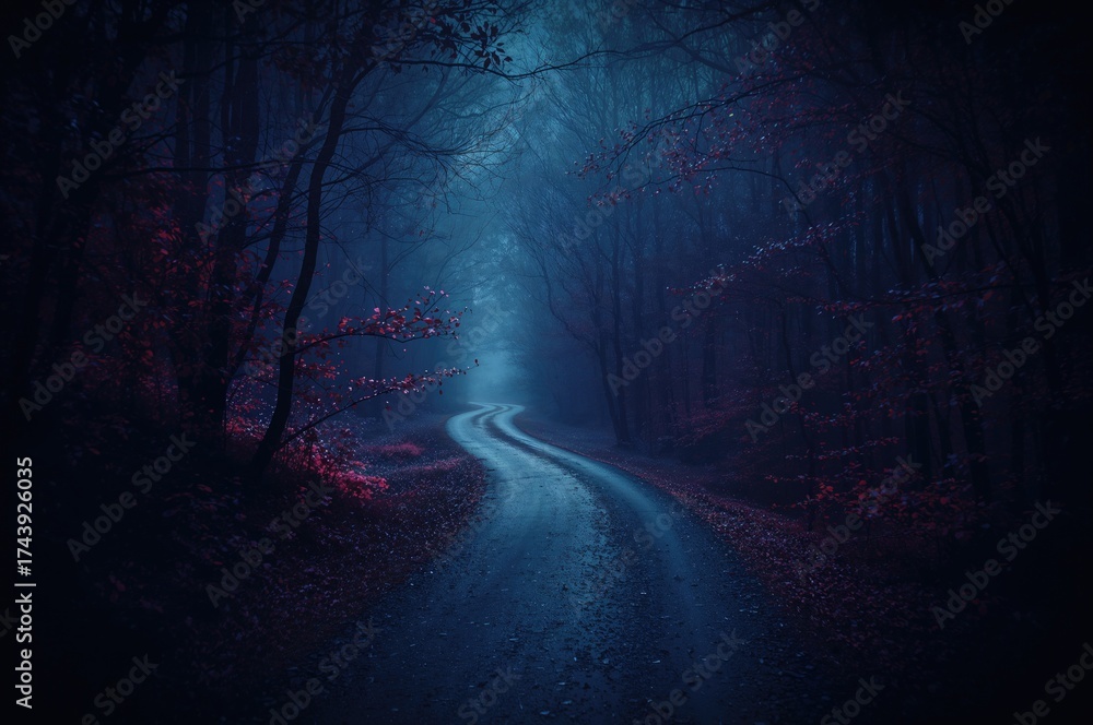 Fototapeta premium Enchanted woodland path shrouded in darkness and mist