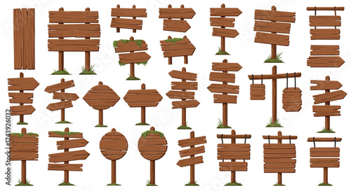 Rustic wooden directional signs and notice boards evoke adventure, guiding travelers through fantasy landscapes or providing essential information