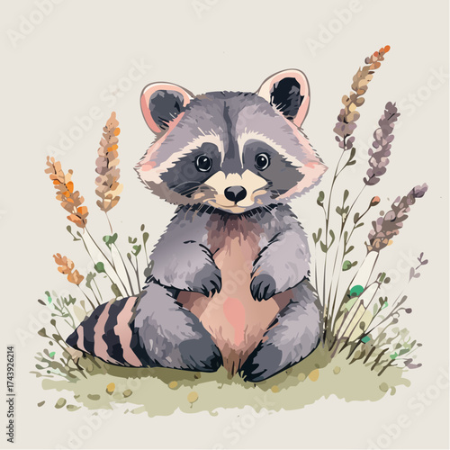 Ein niedliches Waschbär-Junges sitzt neugierig auf einer sonnendurchfluteten Sommerwiese