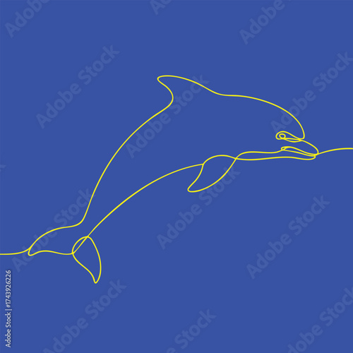 Minimalist continuous line drawing of a dolphin swimming against a solid blue