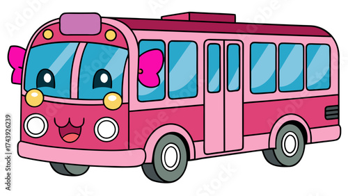 A Cute Cartoon Pink Bus Smiling and Ready to Drive